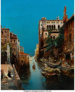 27015: Robert Alott (Austrian, 1850-1910) Sunny afterno: Robert Alott (Austrian, 1850-1910) Sunny afternoon along a bustling canal, Venice, 1903 Oil on canvas 27 x 21-3/4 inches (68.6 x 55.2 cm) Signed