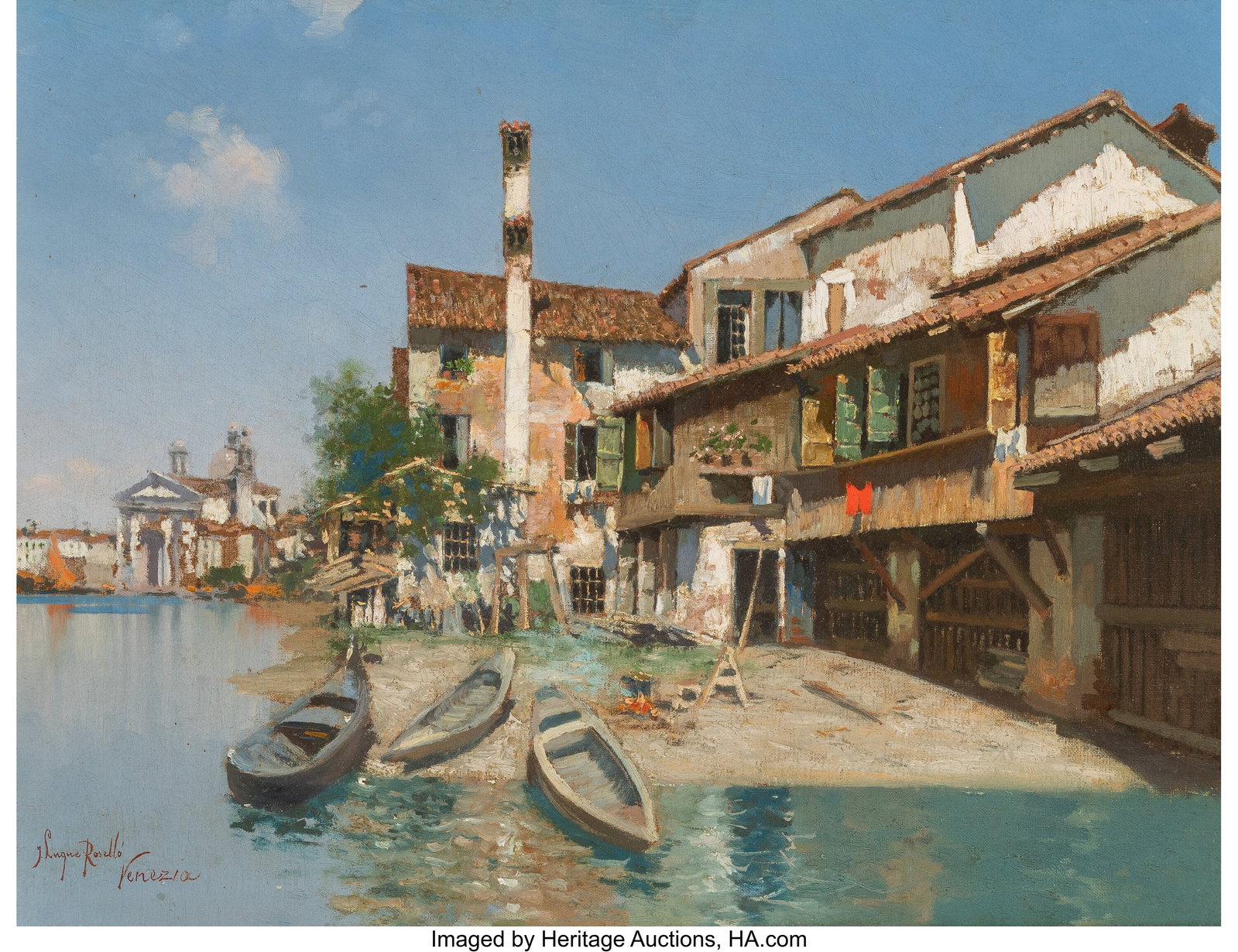 Joaquin Luque Rosello (Spanish, 1866-1932) Boats: Joaquin Luque Rosello (Spanish, 1866-1932) Boats beached along a Venetian canal Oil on canvas 14-1/4 x 18-1/2 inches (36.2 x 47.0 cm) Signed and inscribed lower left: J Luque Rosello / Venezia PROVENA