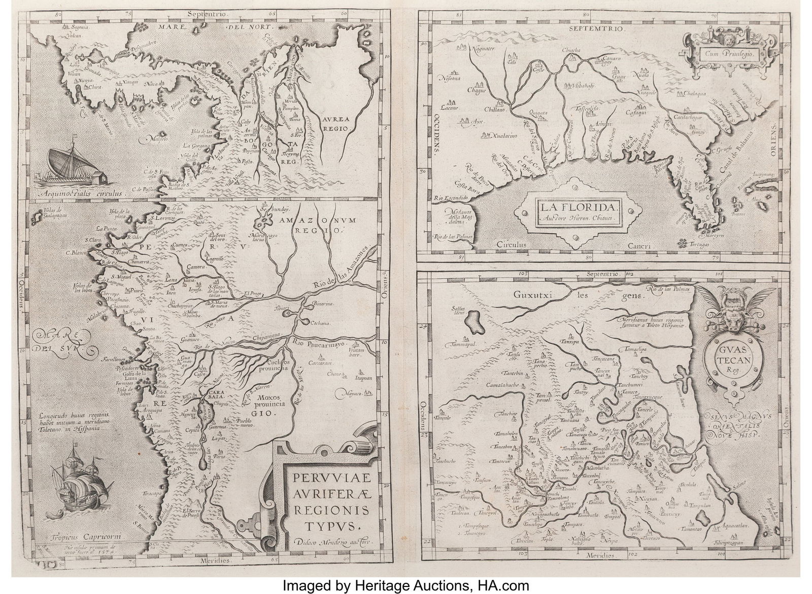 Attributed to Abraham Ortelius (Dutch, 1527-1598: Attributed to Abraham Ortelius (Dutch, 1527-1598) Peruviae Auriferae Regionis Typus; La Florida Auctore Hieron Chiaves; Guastecan Maps, from Ortelius Theatrum, pu