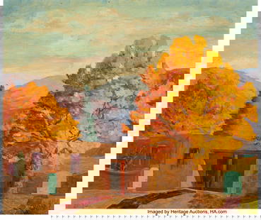 27147&colon; L&period; B&period; Lackey &lpar;American&comma; 20th Century&rpar; Hacienda&comma; : L&period; B&period; Lackey &lpar;American&comma; 20th Century&rpar; Hacienda&comma; Tesuque Valley Casein and oil on board 20 x 24 inches &lpar;50&period;8 x 61&period;0 cm&rpar; Signed lower left&col