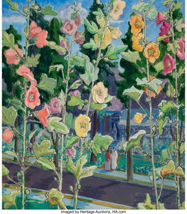 27150&colon; Guest Wickson &lpar;American&comma; 1888-1970&rpar; View Through: Guest Wickson &lpar;American&comma; 1888-1970&rpar; View Through Hollyhocks&comma; 1924 Oil on canvas 36 x 32 inches &lpar;91&period;4 x 81&period;3 cm&rpar; Signed and dated lower left&colon; Guest W