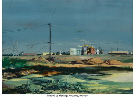 27256&colon; Donald Peters &lpar;American&comma; 20th Century&rpar; Factory L: Donald Peters &lpar;American&comma; 20th Century&rpar; Factory Landscape Gouache on paper 13-5&sol;8 x 18-3&sol;4 inches &lpar;34&period;6 x 47&period;6 cm&rpar; &lpar;sight&rpar; Signed lower right&c