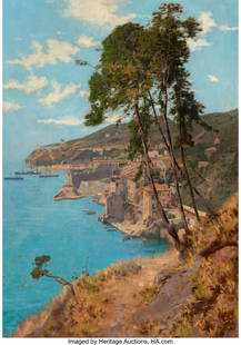 27060: Edouard John Menta (Swiss, 1858-1915) Côte d'Az: Edouard John Menta (Swiss, 1858-1915) Côte d'Azur Oil on canvas 39-3/4 x 27-3/4 inches (101.0 x 70.5 cm) Signed lower right: Menta Property