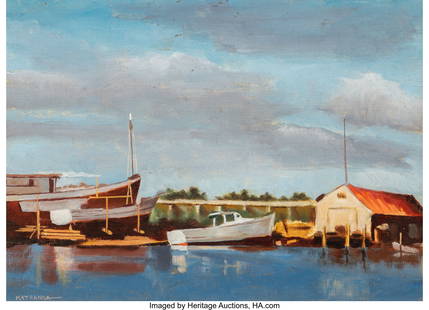 27062&colon; Paul Matranga &lpar;American&comma; b&period; 1905&rpar; Harbor view Oi: Paul Matranga &lpar;American&comma; b&period; 1905&rpar; Harbor view Oil on canvas laid on panel 13 x 16-3&sol;4 inches &lpar;33&period;0 x 42&period;5 cm&rpar; Signed lower left&colon; Matranga Prope