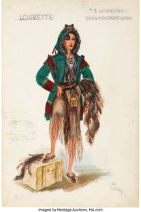 North West Mounted Police (Paramount, 1940), Pau: North West Mounted Police &lpar;Paramount&comma; 1940&rpar;&comma; Paulette Goddard "Louvette" Costume Sketch by Joe De Yong with Concept Painting by Dan Sayre Groesbeck&period; Vintage pair of costum
