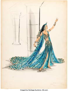Samson and Delilah (Paramount, 1949), Edith Head: Samson and Delilah &lpar;Paramount&comma; 1949&rpar;&comma; Edith Head Pair of Costume Sketches for Hedy Lamarr "Delilah" Peacock Gown&period; Vintage pair of costume sketches by Edith Head rendered i