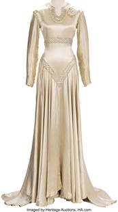The Crusades (Paramount, 1935), Loretta Young "B: The Crusades &lpar;Paramount&comma; 1935&rpar;&comma; Loretta Young "Berengaria" Cream Satin Gown&period; Vintage original cream satin bliaut-style gown with close-fit long sleeves and seed pearl bead