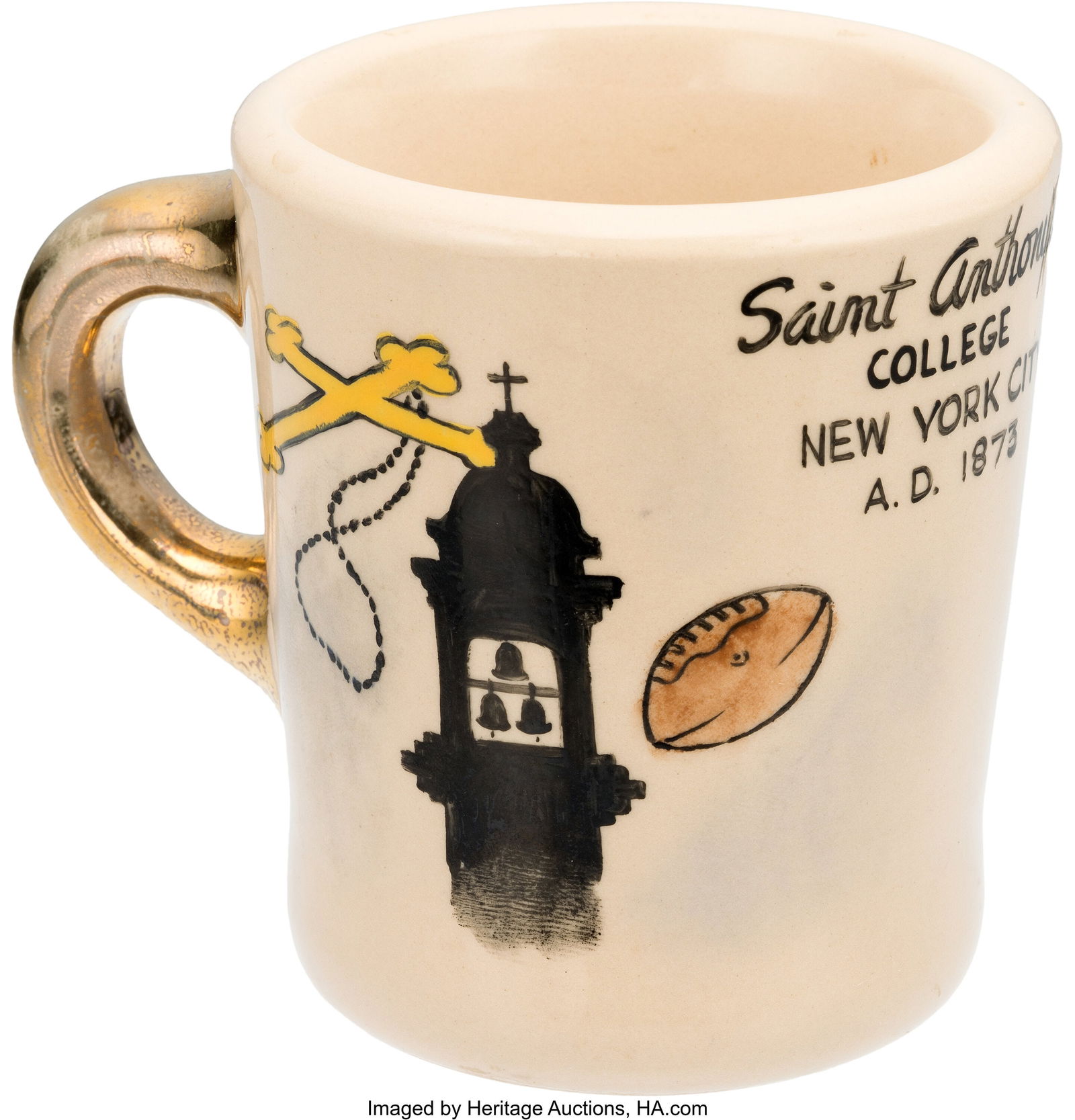 Trouble Along the Way (Warner Bros., 1959), John: Trouble Along the Way (Warner Bros., 1959), John Wayne Gifted Mug. Vintage ceramic mug with gilded handle and graphic to the left of text reading "Saint Anthony's C