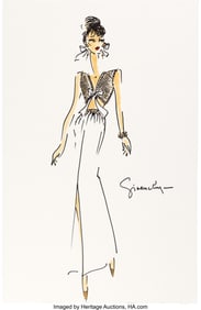 89210: Audrey Hepburn White and Gold Ensemble Sketch by