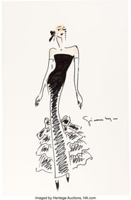 89213: Audrey Hepburn Black Ruffle Gown Sketch by Huber