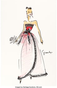 89214: Audrey Hepburn Red Gown Sketch by Hubert de Give