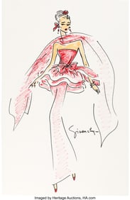 89215: Audrey Hepburn Red Gown Sketch by Hubert de Give