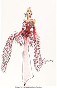 89217: Audrey Hepburn Red Feather Gown Sketch by Hubert