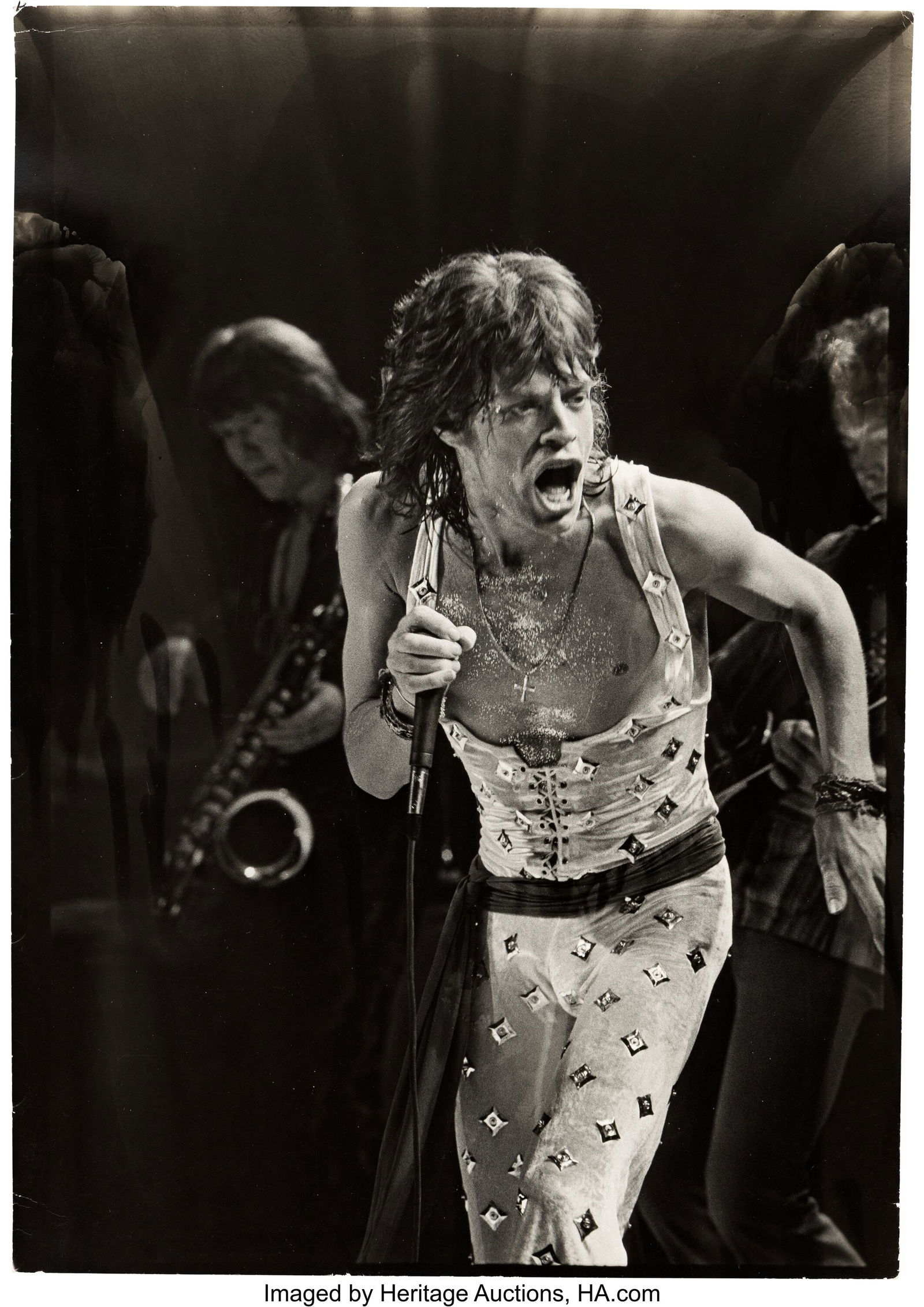 Mick Jagger, Madison Square Garden, New York Cit: Mick Jagger, Madison Square Garden, New York City, July 1972, 19.25" x 13.5" Original Custom Photograph by Peter Beard. Vintage gelatin silver semi-gloss b