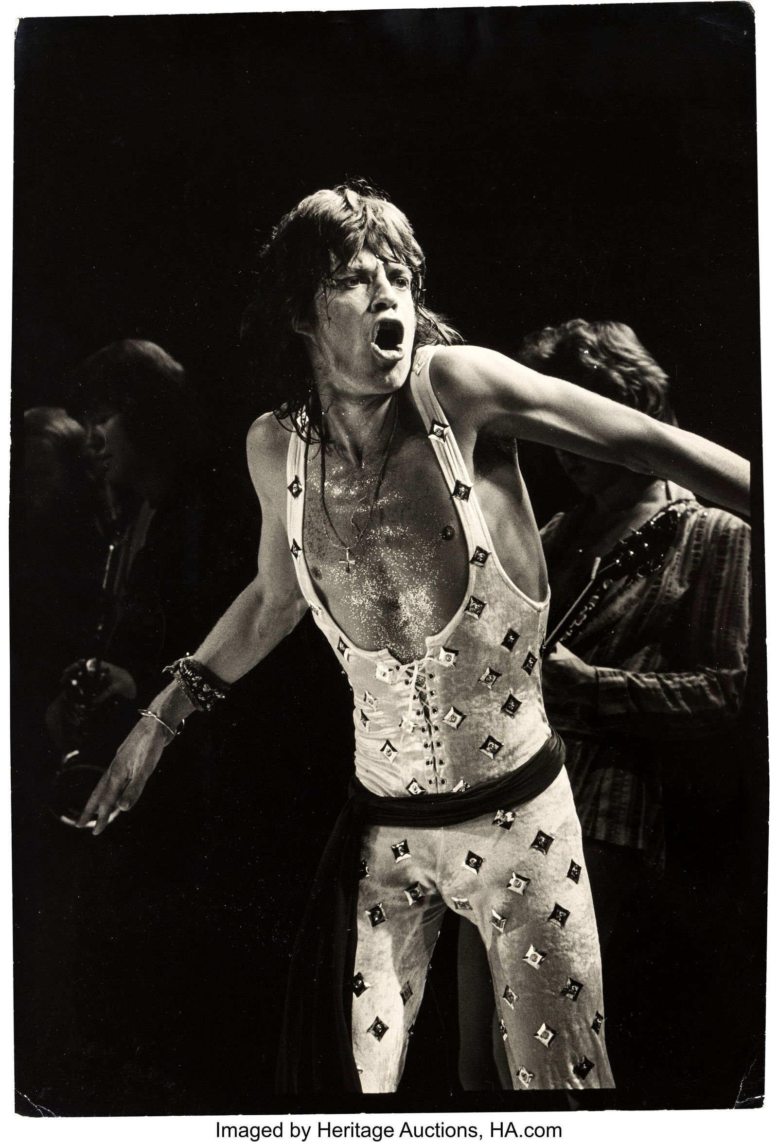 Mick Jagger, Madison Square Garden, New York Cit: Mick Jagger, Madison Square Garden, New York City, July 1972, 19.25" x 13.25" Original Custom Photograph by Peter Beard. Vintage gelatin silver semi-gloss