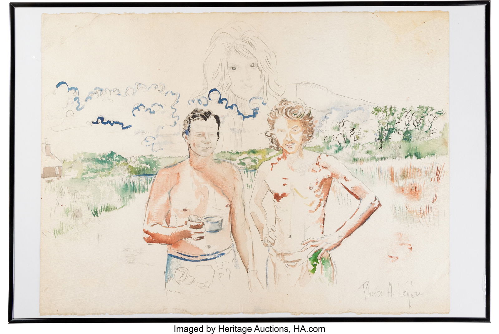Pencil and Watercolor Portrait of Peter Beard an: Pencil and Watercolor Portrait of Peter Beard and Nile Southern by Phoebe H. Légère (1987). Original watercolor and pencil artwork featuring Peter Beard and Nile