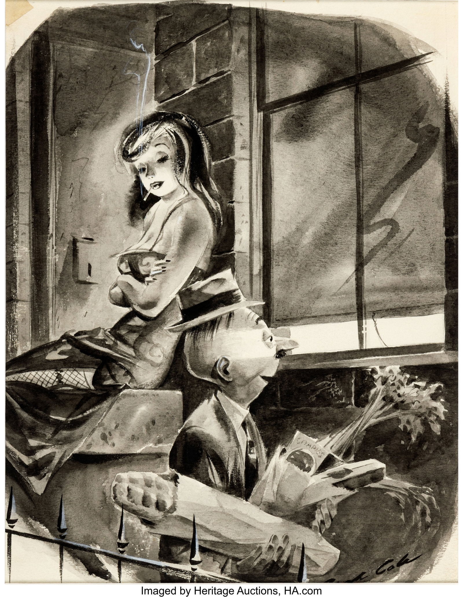 Jack Cole "No Thanks, Just Looking" Original Pla: Jack Cole "No Thanks, Just Looking" Original Playboy Cartoon Art (ca. 1954). Vintage original Playboy magazine cartoon accomplished in ink wash on 10.25" x 13&peri