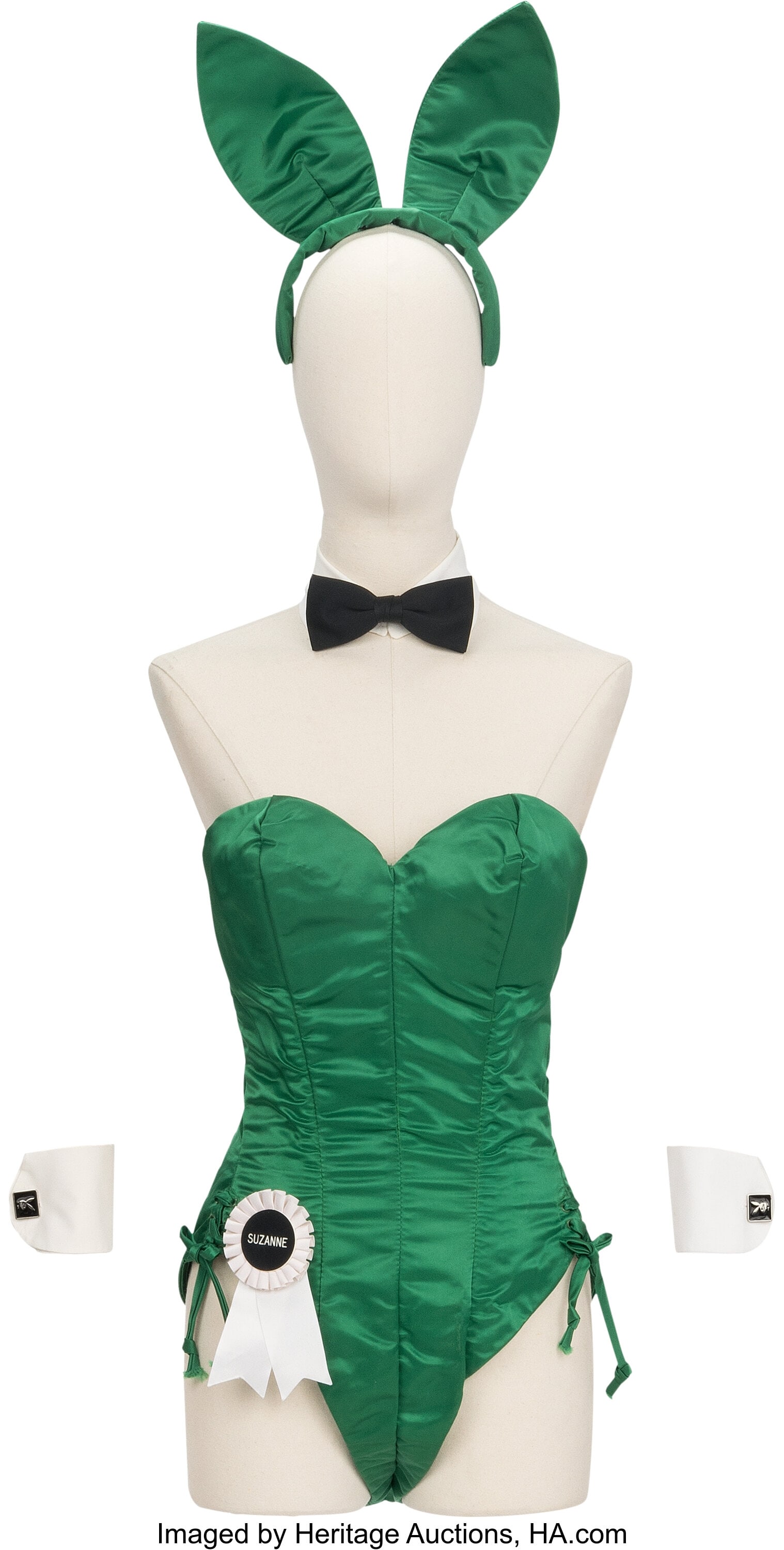 Classic 1960s Playboy Club "Bunny" Costume (ca.: Classic 1960s Playboy Club "Bunny" Costume (ca. 1960s). Vintage original complete (8) piece Playboy Bunny costume including (1) green satin strapless corset