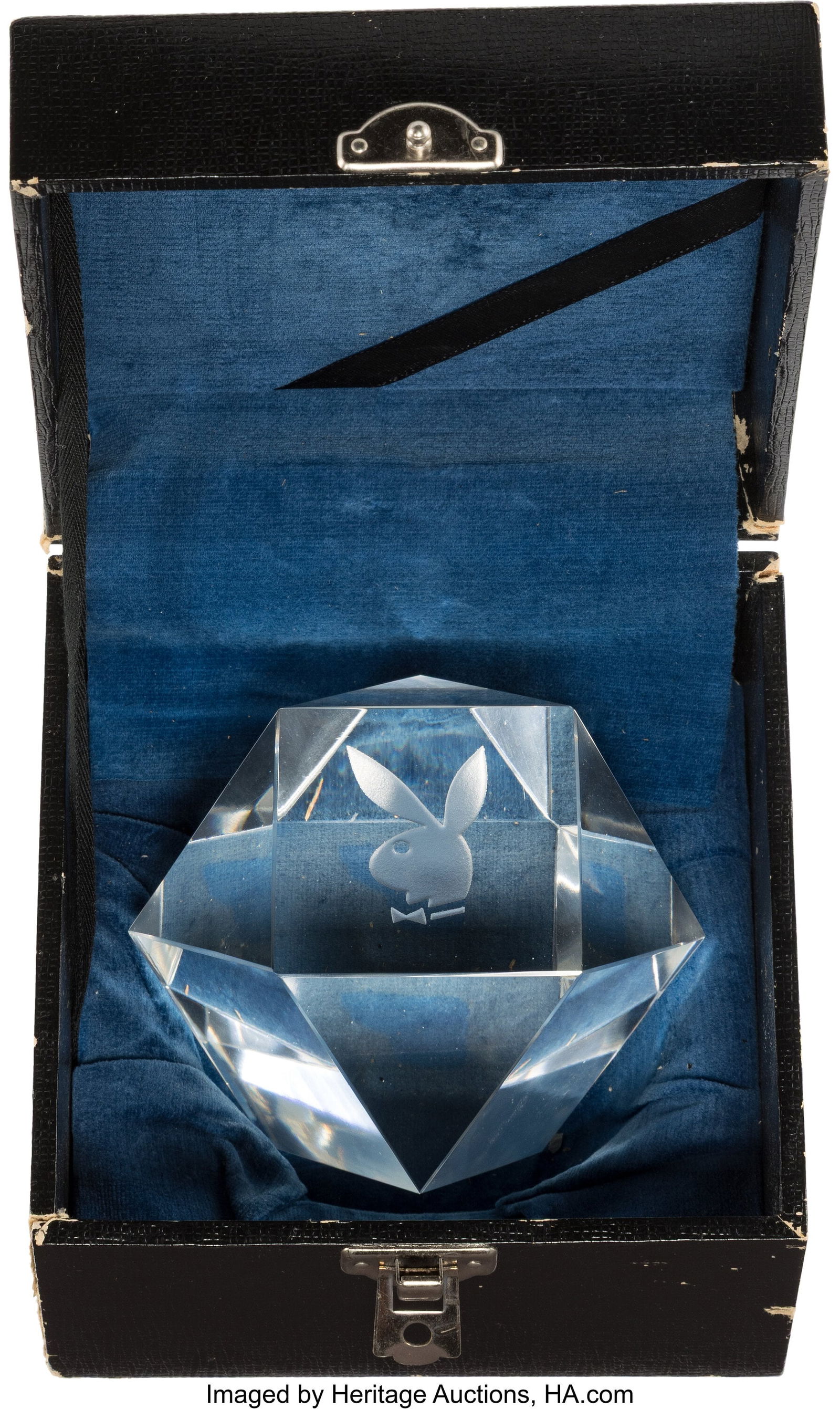 Hugh Hefner Personal Playboy Crystal Paperweight: Hugh Hefner Personal Playboy Crystal Paperweight with Custom Box (ca. 1960s). Vintage original 4" x 4" faceted glass paperweight exhibiting iconic Playboy Bunny with bowtie pro