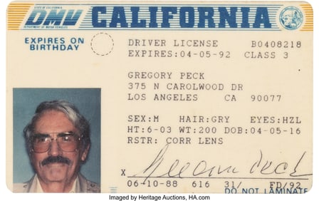 89559: Gregory Peck Personal California Driver's Licens