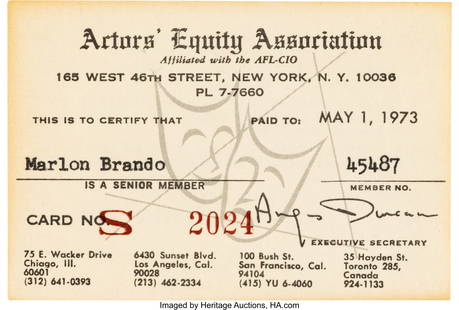 Marlon Brando Personal Actors Equity Association: Marlon Brando Personal Actors Equity Association Union Card &lpar;ca&period; 1973&rpar;&period; Vintage original printed paper membership card measuring 3&period;5" x 2&period;25"&comma; with "Marlon