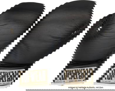 Rocky III (MGM, 1982), Sylvester Stallone "Rocky: Rocky III &lpar;MGM&comma; 1982&rpar;&comma; Sylvester Stallone "Rocky Balboa" Tuf-Wear Training Gloves&period; Original pair of black leather Tuf-Wear brand boxing gloves from production of Rocky III