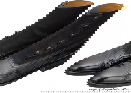 Titanic (TCF, 1997), Leonardo DiCaprio "Jack Daw: Titanic &lpar;TCF&comma; 1997&rpar;&comma; Leonardo DiCaprio "Jack Dawson" Tuxedo Shoes&period; Original pair of custom-designed patent leather and suede tuxedo shoes with wooden soles and six eyelets