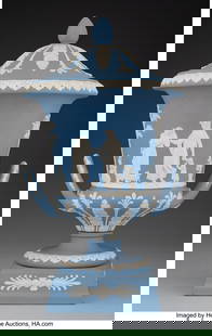 A Wedgwood Jasperware Covered Two-Handled Urn, e: A Wedgwood Jasperware Covered Two-Handled Urn&comma; early 20th century Marks&colon; WEDGWOOD&comma; AW&comma; MADE IN ENGLAND&comma; 73 11-1&sol;2 x 6-3&sol;8 x 6-5&sol;8 inches &lpar;29&period;2 x 1