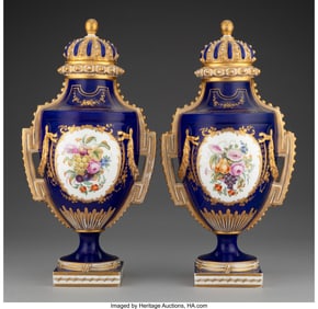 27004: A Pair of French Cobalt Porcelain Covered Two-Ha