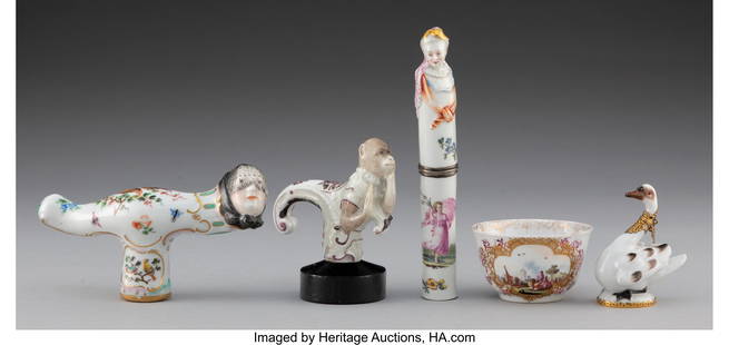Five Continental Silver-Mounted & Partial Gilt P: Five Continental Silver-Mounted &amp; Partial Gilt Porcelain Table Articles&comma; 18th century Marks to largest&colon; &lpar;crossed swords in blue underglaze&rpar; 3-5&sol;8 x 4-3&sol;4 x 1 inches &