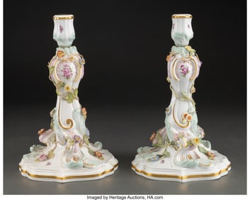 27007: A Pair of Meissen Partial Gilt Porcelain Candles