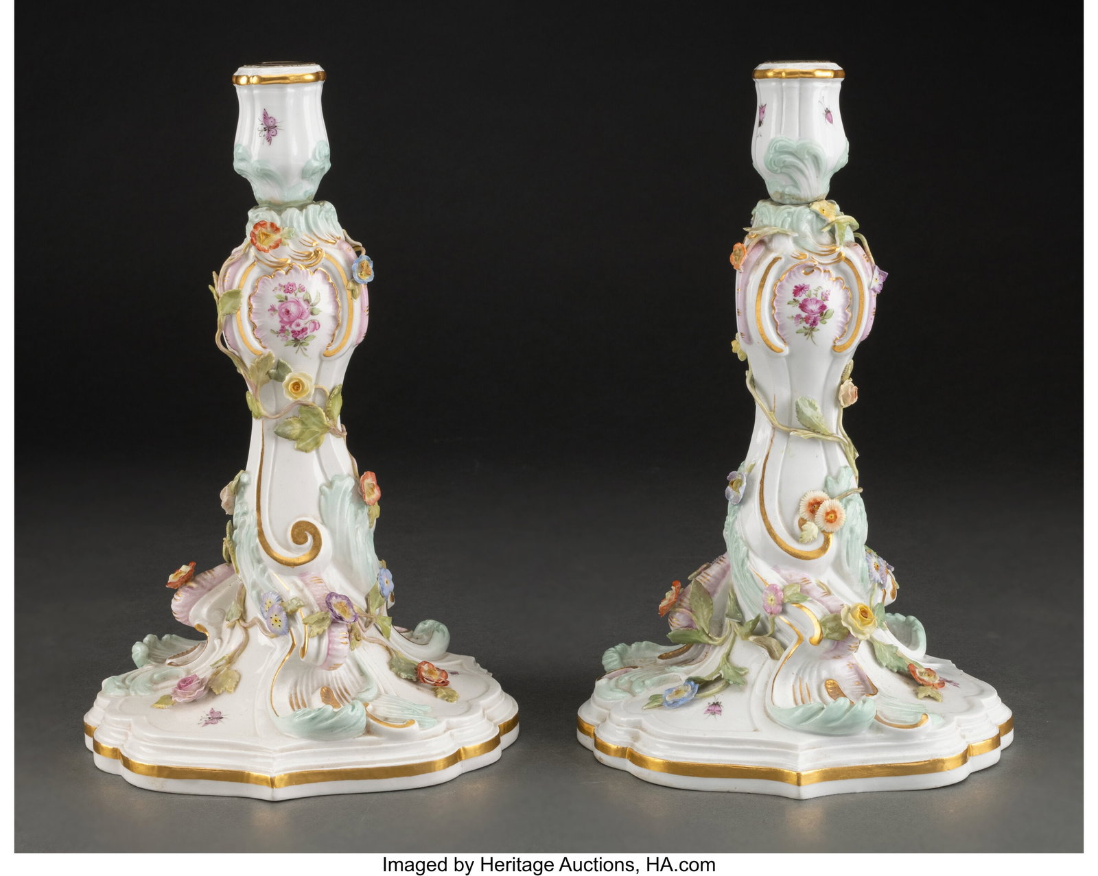 A Pair of Meissen Partial Gilt Porcelain Candles: A Pair of Meissen Partial Gilt Porcelain Candlesticks, late 19th century Marks: (crossed swords in blue underglaze), 2618 9-3/4 x 6 x 6 inches (24.8 x 15&pe