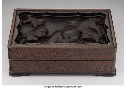27087: A Japanese Silver-Inlaid and Carved Hardwood Box