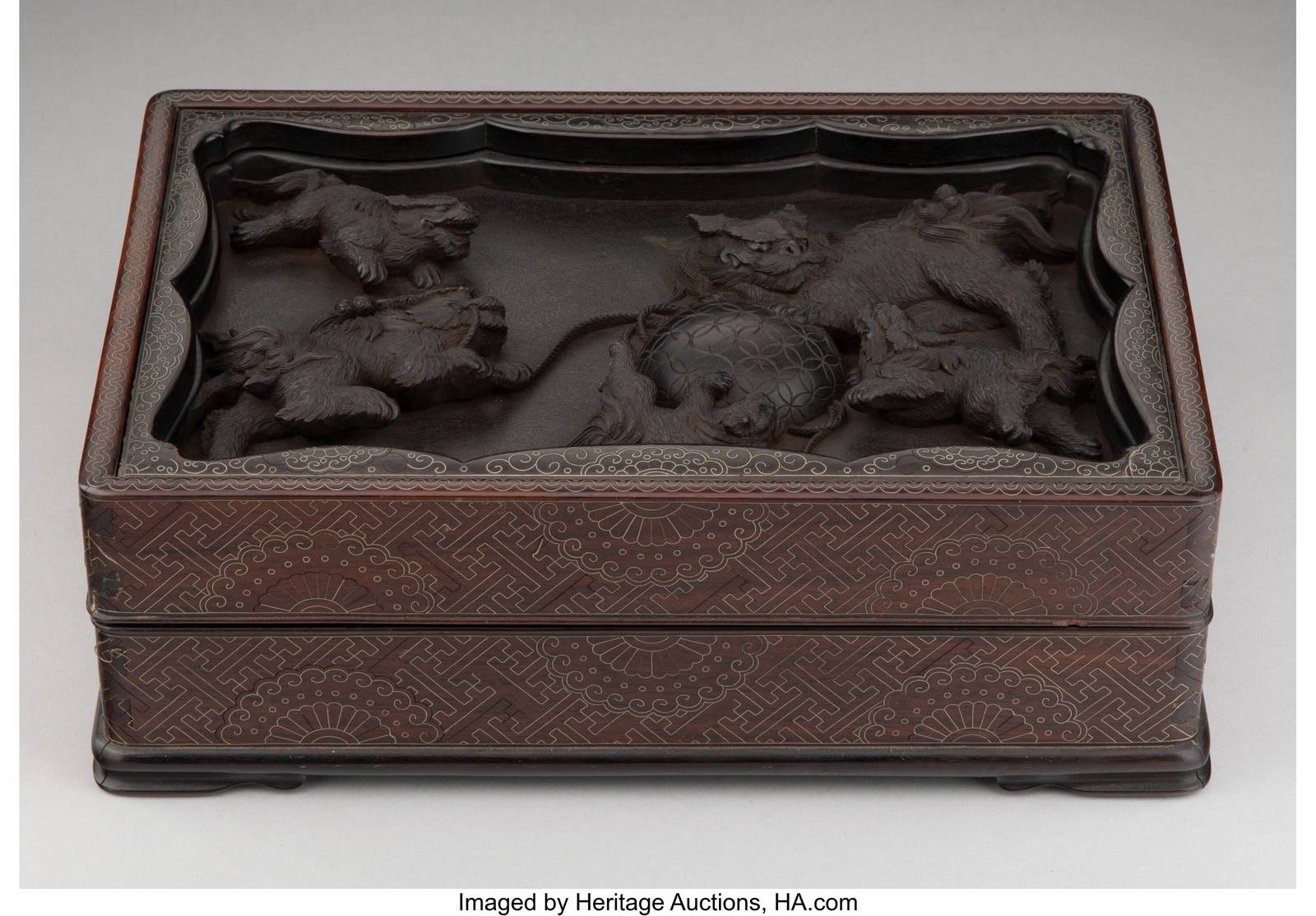 27087: A Japanese Silver-Inlaid and Carved Hardwood Box
