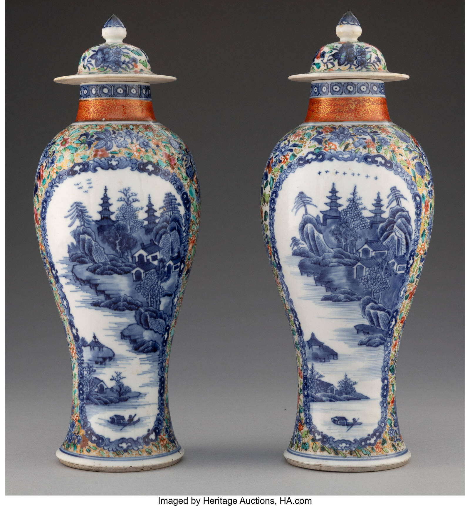27008: A Pair of Chinese Export Polychrome Covered Urns 12-1/4 x