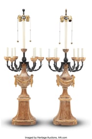 27031: A Pair of Marbro Lamp Co. Carved Wood and Patina
