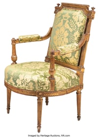 27037: A Louis XVI-Style Carved Partial Gilt Wood Armch