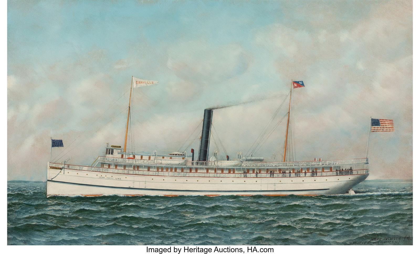 Antonio Jacobsen (American/Danish, 1850-1921) S.: Antonio Jacobsen (American/Danish, 1850-1921) S.S. Danville Oil on board 22 x 36 inches (55.9 x 91.4 cm) Signed, dated, and inscri