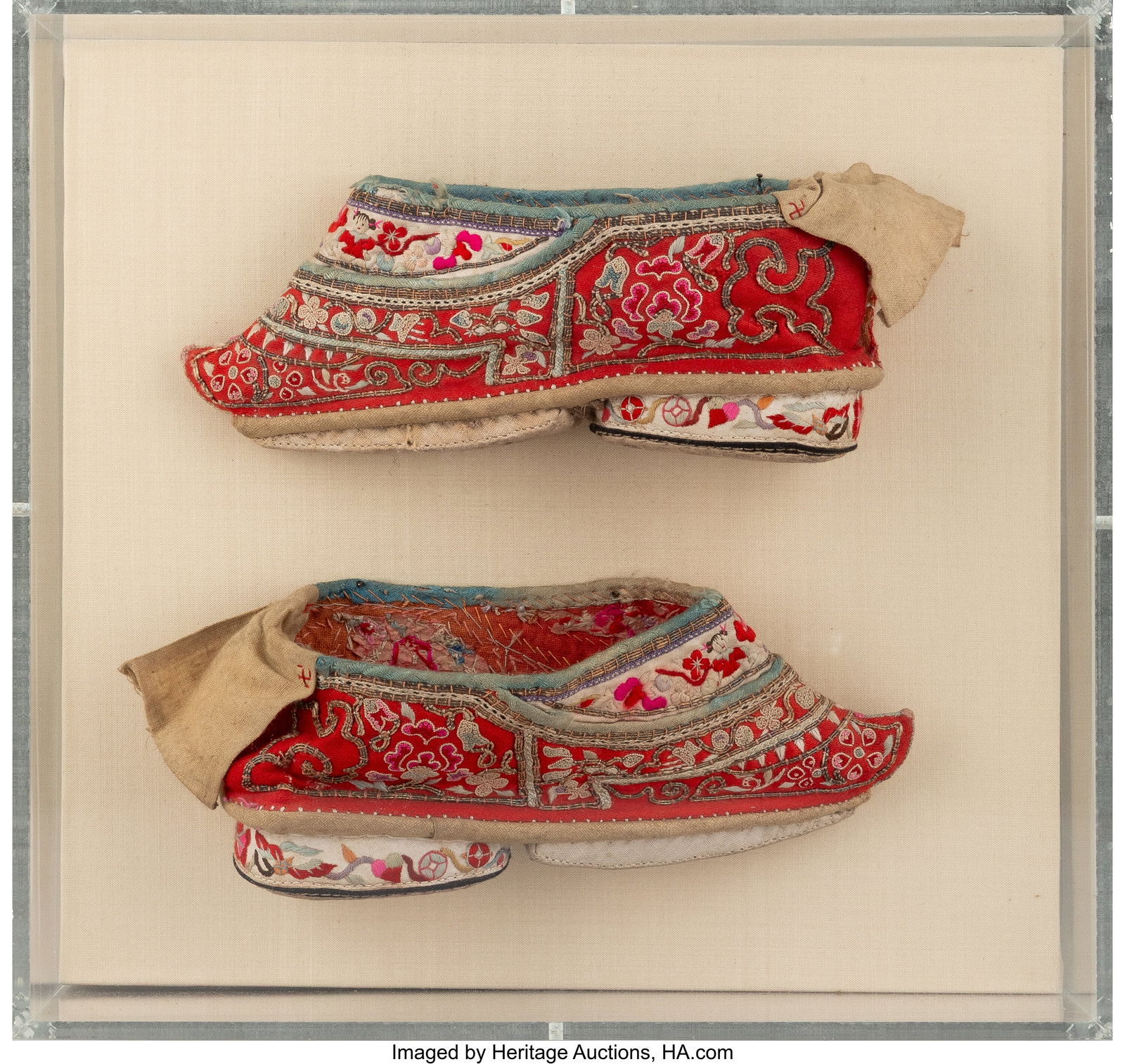 A Pair of Chinese Embroidered Bound-Foot Shoes 2: A Pair of Chinese Embroidered Bound-Foot Shoes 2-3/4 x 6 x 2 inches (7.0 x 15.2 x 5.1 cm) (each) HID03101062020 © 2025 Heritage Auctions | All Ri