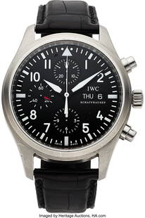 IWC Pilots Watch Chronograph Stainless Steel Wri: IWC Pilots Watch Chronograph Stainless Steel Wristwatch with Box and Service Papers Case&colon; 41mm&comma; Stainless steel&comma; 3187607 Dial&colon; Matte Black with white arabic numerals &comma; Lu