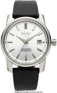 King Seiko SJE083 Case: 38mm, Stainless steel: King Seiko SJE083 Case: 38mm, Stainless steel Dial: Silver dial with stick indices , Dauphine hands Movement: Caliber 6L35, automatic Band: Crocodile OEM