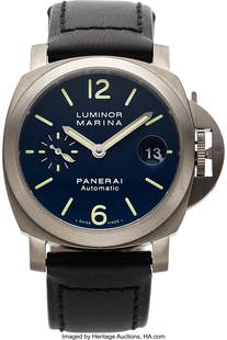 Panerai Reference PAM00282 Luminor Marina Automa: Panerai Reference PAM00282 Luminor Marina Automatic 40mm Titanium Wristwatch with Box and Papers Case: 40mm, Titanium Dial: Blue sunburst with stick and arabic luminous