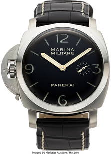 Panerai Luminor Marina Militaire Reference PAM00: Panerai Luminor Marina Militaire Reference PAM00217 Stainless Steel Wristwatch with Box and Papers Case: 47mm, Stainless steel Dial: Matte black "sandwich" with luminous stick