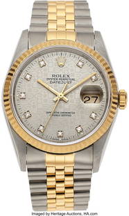 Rolex, Ref. 16233 Fine Two-Tone Oyster Perpetual: Rolex&comma; Ref&period; 16233 Fine Two-Tone Oyster Perpetual Datejust&comma; Jubilee Diamond Dial&comma; Box &amp; Papers&comma; circa 1996 Case&colon; 35 mm&comma; stainless steel and 18k gold&comma