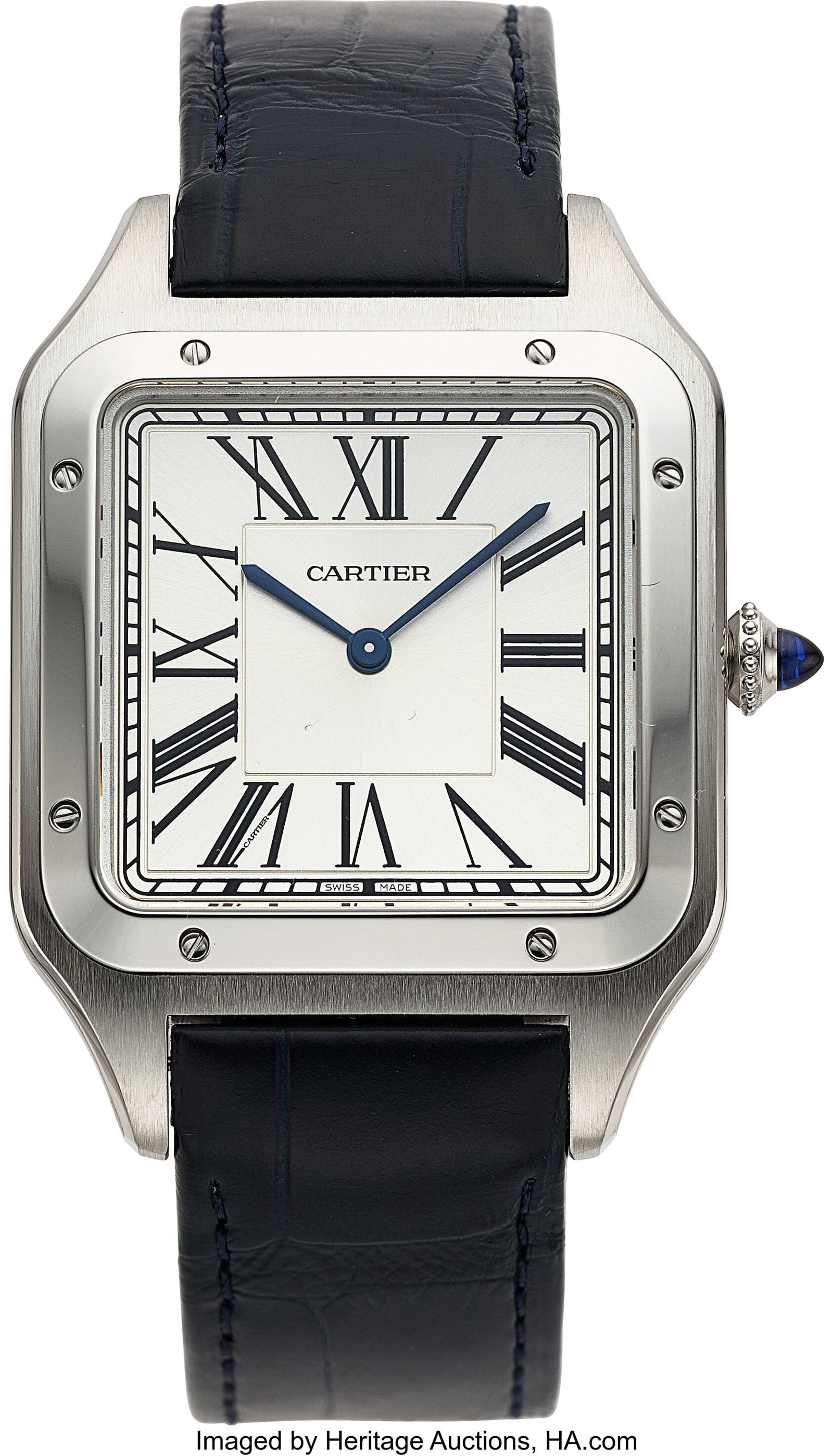 Cartier Santos Dumont XL Reference WSSA0032 Cas: Cartier Santos Dumont XL Reference WSSA0032 Case: 46.6 mm x 33.9 mm, Stainless steel Dial: Silver with elongated roman numerals, Blued hands Movement: Calib
