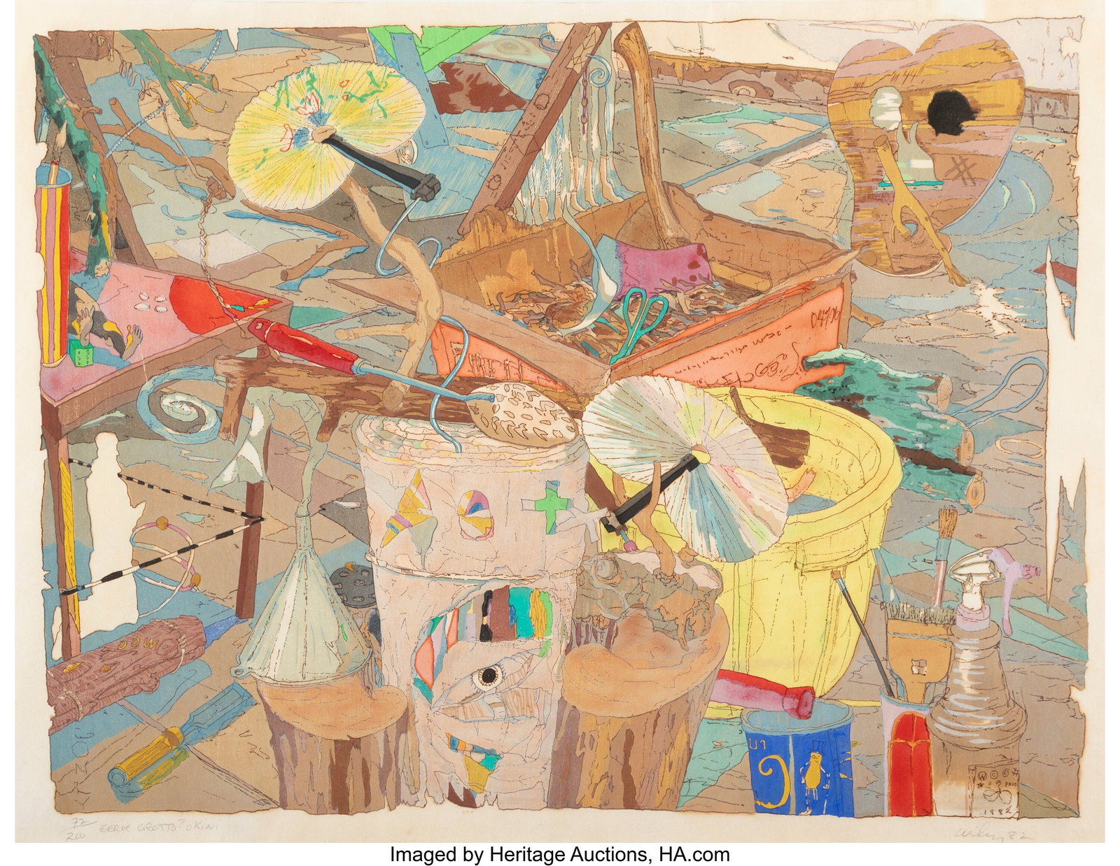 William T. Wiley (1937-2021) Eerie Grotto? Okini: William T. Wiley (1937-2021) Eerie Grotto? Okini, 1982 Woodblock print in colors on Japon paper 21-3/4 x 28-1/4 inches (55.2 x 71.8 cm) &lp