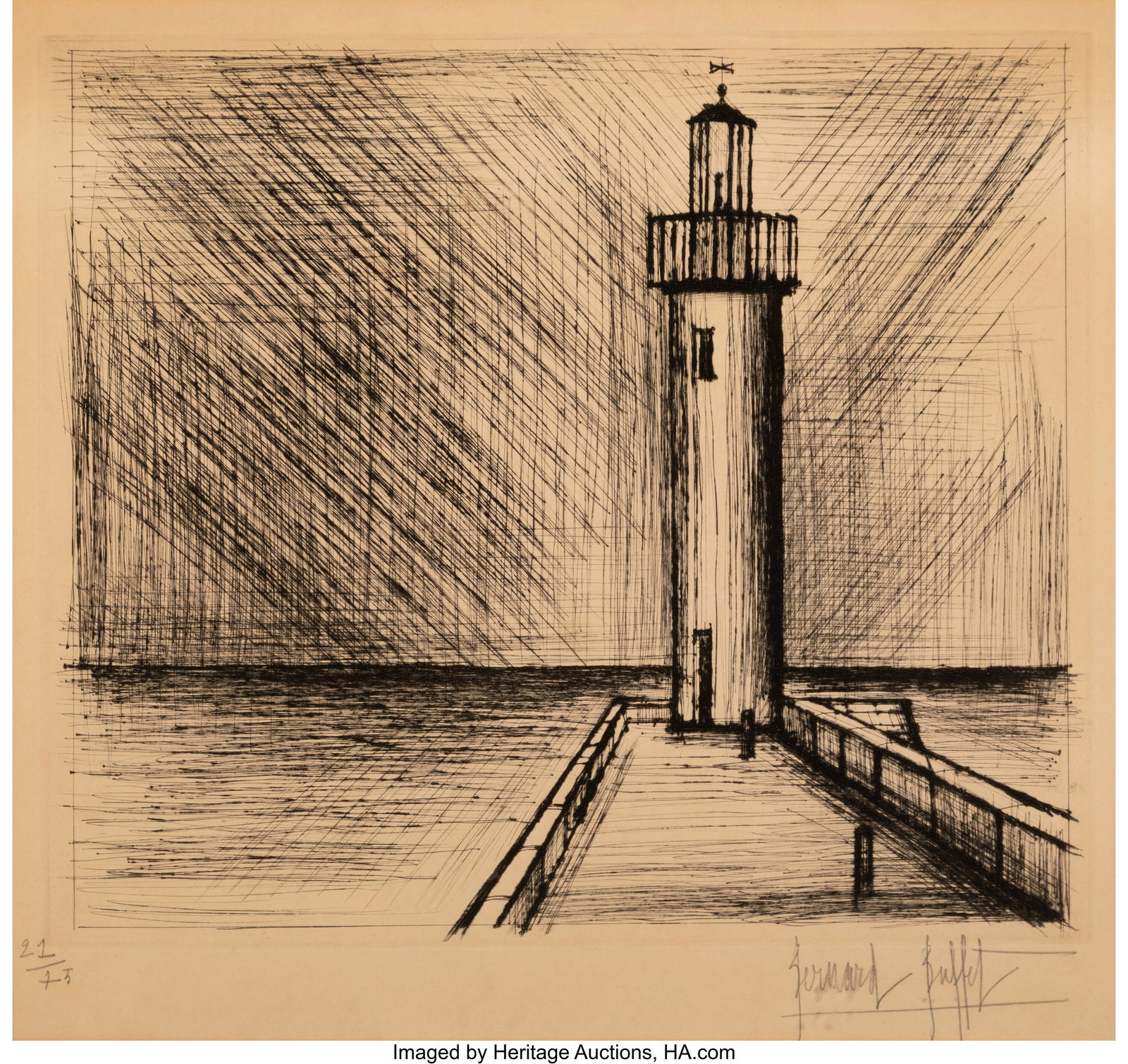 Bernard Buffet (1928-1999) Le phare, 1959 Drypoi: Bernard Buffet (1928-1999) Le phare, 1959 Drypoint on wove paper 16-3/4 x 18 inches (42.5 x 45.7 cm) (sight) Ed. 21/75 Signed and editi