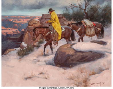 Gary Lawrence Niblett (American, b. 1943) Ridin': Gary Lawrence Niblett &lpar;American&comma; b&period; 1943&rpar; Ridin' Winter Rim Oil on canvas 22 x 28 inches &lpar;55&period;9 x 71&period;1 cm&rpar; Signed&comma; indistinctly dated&comma; and ins