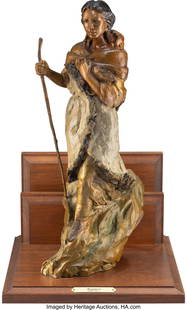Juan Dell (American, b. 1933) Sacajawea, 1979 Pa: Juan Dell &lpar;American&comma; b&period; 1933&rpar; Sacajawea&comma; 1979 Patinated bronze 16 inches &lpar;40&period;6 cm&rpar; high on a 6-1&sol;2 inch &lpar;16&period;5 cm&rpar; high wood base&peri
