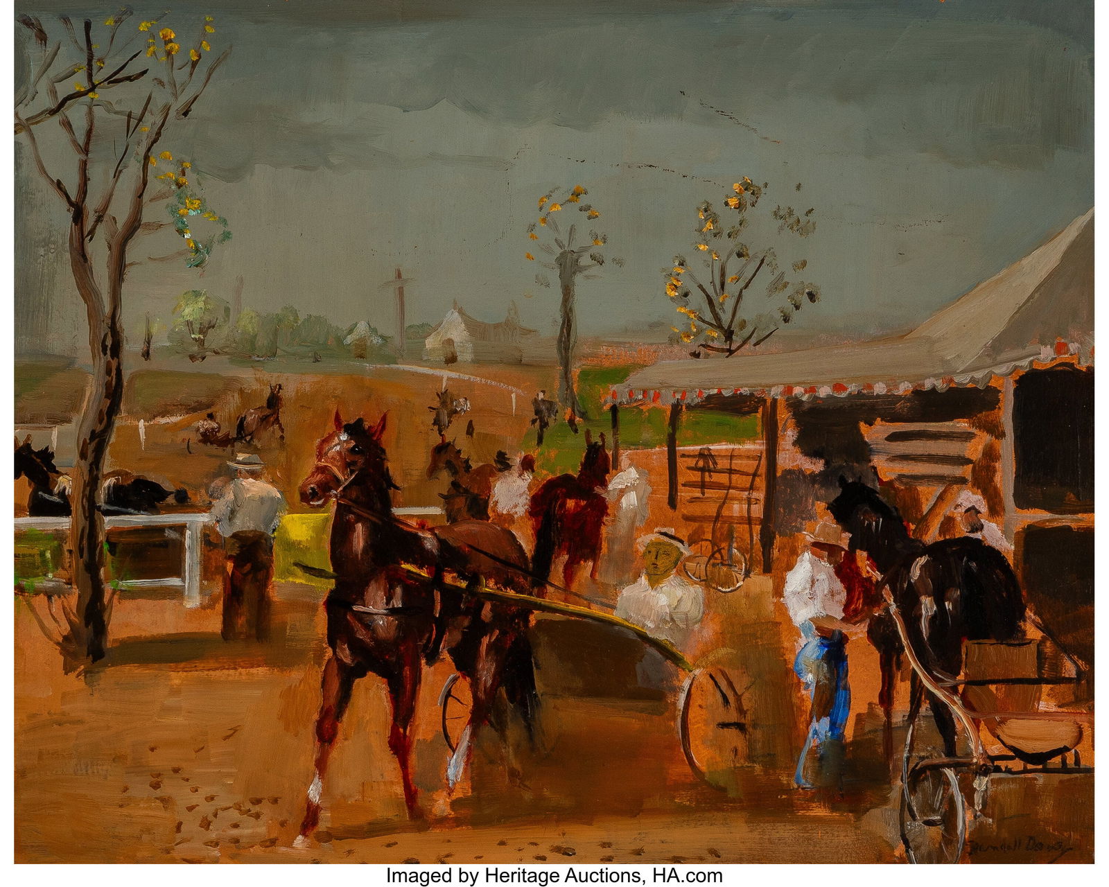 Randall Davey (American, 1887-1964) Morning at t: Randall Davey (American, 1887-1964) Morning at the Track Oil on Masonite 16 x 20 inches (40.6 x 50.8 cm) Signed lower right: Randall Davey Signed and titl